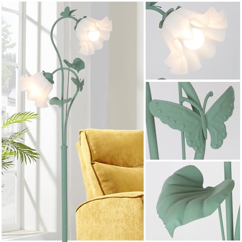 Image of HMVPL Flower Floor Lamp for Living Room, Vintage Floor Lamp with 2 LED 5W Blubs, Foot Switch, Green Standing Lamp with Acrylic Shade, Unique Floral Tall Lamp for Living Room Bedroom Corner Office
