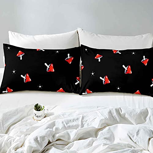 Feelyou Cute Mushroom Bed Sheet Set Full Size Kids Girls Bedding Set Lightweight Botanical Sheets Includes 1 Fitted Sheet & 1 Flat Sheet With 2 Pillowcases Red Black 4Pcs thumb #2