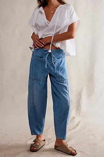 yoeasy Womens Low Rise Barrel Jeans Elastic Drawstring Loose Wide Leg Cropped Denim Pants Y2k Baggy Boyfriend Jeans2