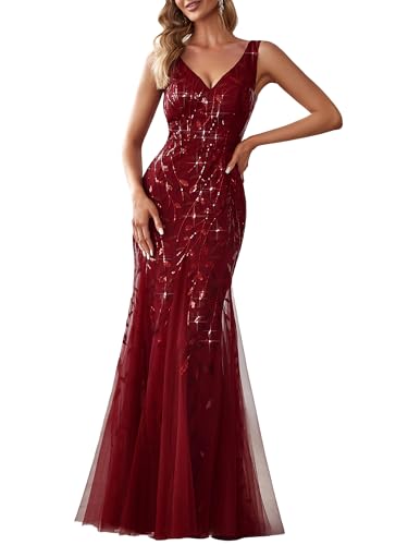Ever-Pretty Women's Formal Dress Sequin Tulle Double V-Neck Sleeveless Mermaid Long Evening Dress 07886