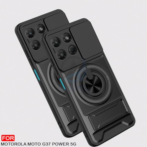 Image of AESTMO Motorola Moto G37 Power 5G Back Cover | Armor Camera Slider 360 Degree Rotating Finger Ring Holder Case with Bracket Stand Back Case Cover (Compatible with MagSafe Accessories) Black