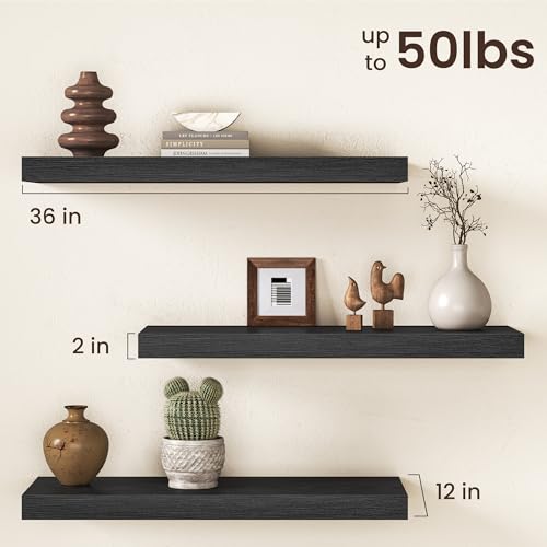 Image of 36Inch Black Floating Shelves for Wall, 12 Inch Deep Shelves for Bedroom, Kitchen, Bathroom Wall Mounted, Rustic Wood Floating Shelf with Invisible Brackets for Books, Storage, Decor, 2 Packs
