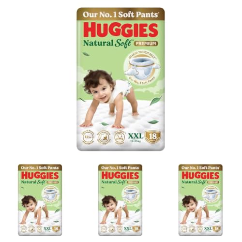 Image of Huggies Natural Soft Premium Baby Diaper Pants, Our No.1 Soft Pants, Double Extra Large (XXL) Size (15-25 Kgs), Pack of 72 diapers | Cloud Softness All over with India's 1st Cloud Touch BeltTM