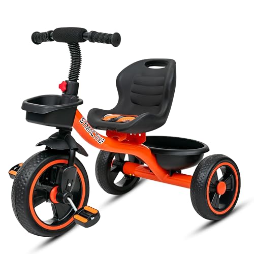 Image of Amazon Brand - Symactive Tricycle for Kids | Plug N Play | Baby Cycle with Grip Handle, Eva Wheels, Seat & Basket | Kids Tricycle /Cycle | 2+ Years Unisex | Weight Limit Upto 25 Kgs (Orange)