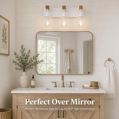 Image of Farmhouse Vanity Light Fixture,3-Light Bathroom Lighting,White Modern Wood Wall Light Over Mirror with Metal Shade,Bulbs NOT Included
