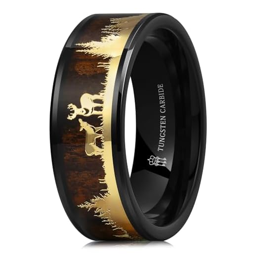 THREE KEYS JEWELRY Men Wedding Bands 8mm Tungsten Hunting Viking Deer Forest Carbide Wood Ring with With Sandalwood Inlay Polished Infinity Unique for Him Black Size 9.5