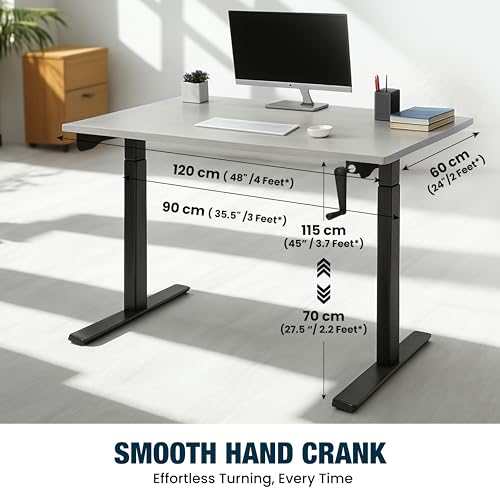 Image of Manual Height Adjustable Desk | 120x60 cm Grey Top, 18mm Thick | Black Frame | 60kg Capacity | Smooth Hand Crank | 2-Year Warranty | Sturdy Steel Frame | Ergonomic Home & Office Use