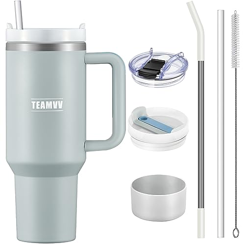 TEAMVV 40 oz Tumbler with Handle and Straw Stainless Steel Vacuum Insulated Tumbler Tea or Iced Coffee Mug for Hot or Cold Beverages 40 oz Tumbler with Handle(Fog)