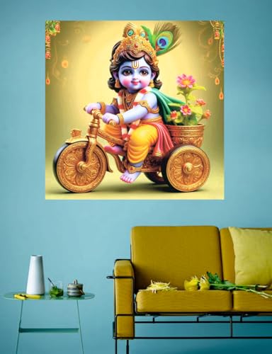 Image of Techgifti Blue Baby Krishna Cycle Wall Poster for Pooja Room, Office, Kids Room (Size- 46CM X 46CM)