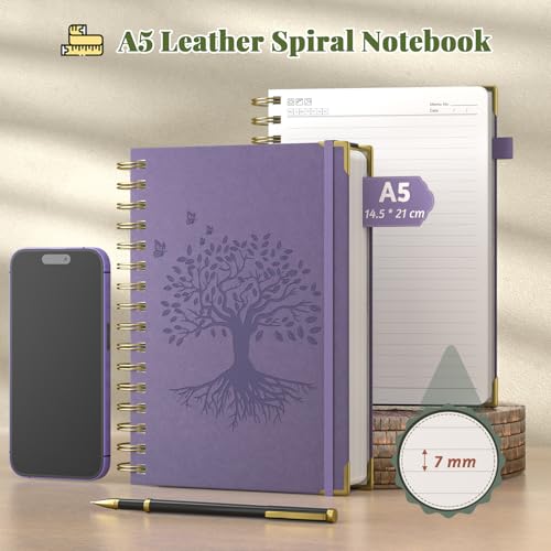 Smarpau A5 Spiral Notebook, 240 Pages Hardcover Journals for Women with 100gsm No Bleed Paper, PU Leather Notepad for Work School Office, 14.5 x 21cm - Purple