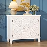 40' Coffee Bar Cabinet with Shelf, Craft Storage Cabinet with Doors, Wood Cabinet, Charming Carved Motif, Entry Way Cabinet with Storage, Sideboard Buffet for Living Room, Kitchen, Distressed White