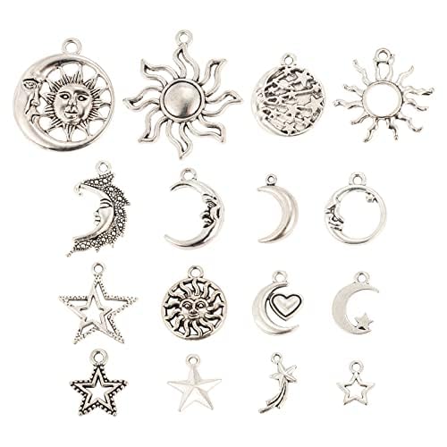 COGCHARGER 96 Pieces Sun Moon Charms Bulk Tibetan Style Alloy Pendants Mixed Shape Alloy Charm Pendants Antique Silver for Jewelry Necklace Earring Making