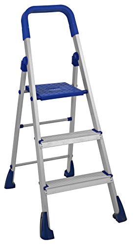 Image of Trendy Aluminium Foldable Step Ladder, Firm Grip, 3 Steps with Knee Guard and Anti-Skid Shoes (Aluminium Steps, Blue & Satin)