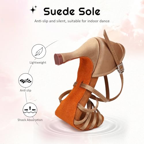 Swdzm S-227-BROWN-7-40 Women'S Satin Latin Dance Shoes Ballroom Salsa Waltz Performance Practice Dancing Shoes,Beige,8.5 Us thumb #4