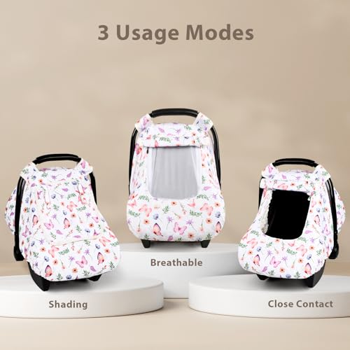 Image of Pea Pod Car Seat Cover Baby, Infant Car Seat Canopy Covers with 2 Layers Windows of Breathable Mesh Fabric, Lightweight Polyester, Soft Minky Dot Backing (Butterfly Pattern)