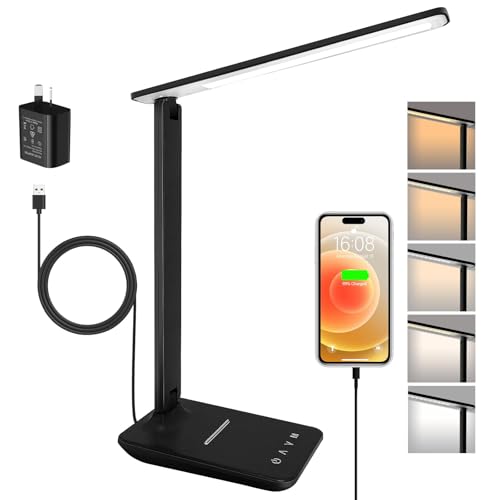 LED Desk Lamp for Office Home, Bright Desk Light with USB Charging Port, Adjustable Dimmable Desk Lamps 5 Modes 5 Brightness, Touch Study Lamp for Nail, Craft, Puzzle, Sewing, Study, Black