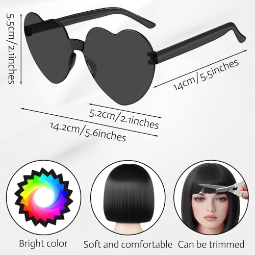 Image of MEEZY Black Short Bob Wigs Straight Hair with Flat Bangs Heart Sunglasses for Women, Colorful Funny Cosplay Party Neon Wig Synthetic Natural As Real Carnival Halloween Costume