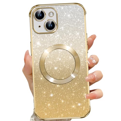 Cover Magnetica per iPhone 13 Glitter Custodia Compatibile con MagSafe Anti Graffi Non Ingiallente Protezione Completa Case 13 con 2 Vetro Temperato oro