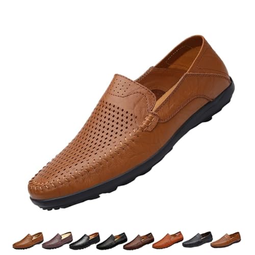 [SYT-MD] Mens Slip On Leather Loafers, Wide Fit Flat Walking Loafer Shoes, Anti-Slip Driving Moccasins(Brown Hollow,245)