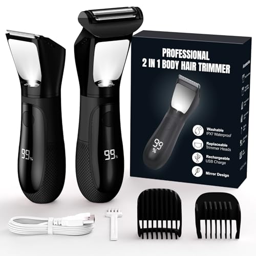 Image of Bikini Trimmer for Men, 2 in 1 Electric Razors Shaver, IPX7 Waterproof Body Hair Trimmer with Mirror, LED Light & Display, Painless Pubic Hair Removal, Black
