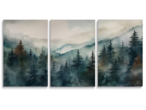 SKYSUKEY Watercolor Mountain Wall Art Set of 3 Dark Blue