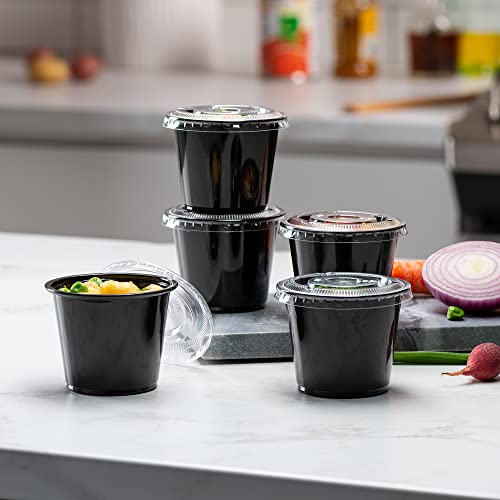 Image of (5 oz - 100 Sets) Black Diposable Plastic Portion Cups With Lids, Small Mini Containers For Portion Controll, Jello Shots, Meal Prep, Sauce Cups, Slime, Condiments, Medicine, Disposable Souffle Cups