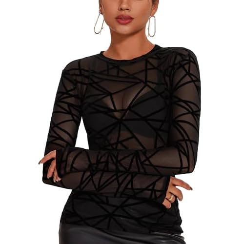 AKEWEI Womens Mesh Long Sleeve Tops Crew Neck Sexy See Through Tee Shirts Party Club Night Lace Blouse