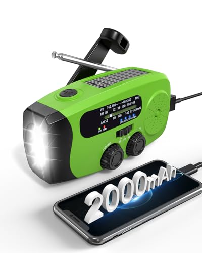 Image of Hand Crank Radio with AM /FM /NOAA Weather Bands,for Emergencies, Camping | 3 LED Flashlights,SOS Function,Solar Powered,Hand Cranked, 2000mAh /7400mWh Charger,for Power Outage - Green