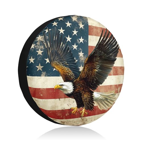 Image of American Flag Spare Tire Cover Brown Bald Eagle Wheel Covers 14 Inch | White Star,Polyester,Protectors Tire Cover,Waterproof,Dust-Proof,Universal,Fit for RV Jeep SUV Motor Travel Camper Tires