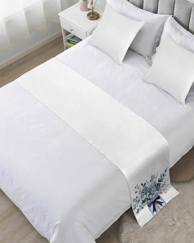 Watercolor Eucalyptus Leaves Bed Runner for Twin Size, Summer Flowers Botanical Bedspread Protector Slipcover Bed Scarf for Foot Runners & Scarves for Bedroom Hotel Wedding Room 71x20 Inches