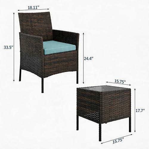 MilleLoom 3-Piece Outdoor Furniture Set, PE Rattan Wicker Chairs with Soft Cushions & Tempered Glass Coffee Table - All-Weather Patio Set for Garden, Backyard, Porch, Poolside (Brown/Dark Blue) by MilleLoom - Image 2
