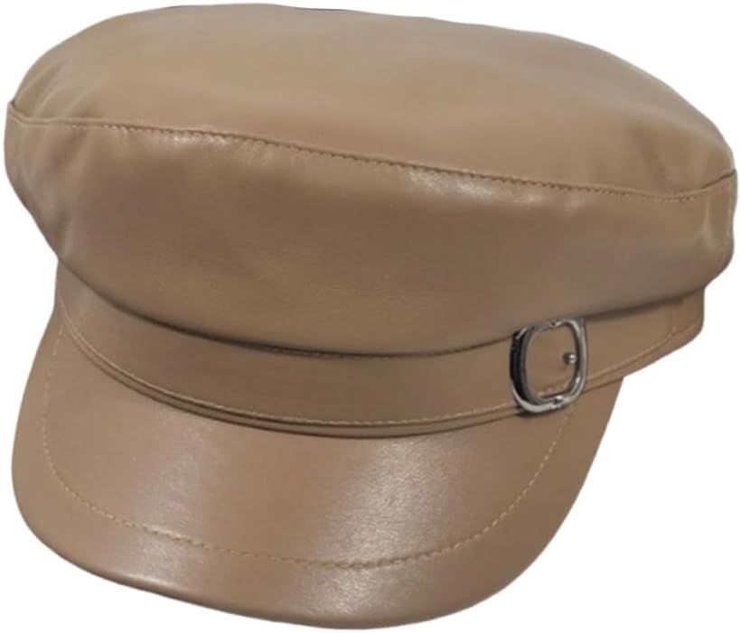 Women's PU Leather Flat Top Newsboy Cap Vintage Visor Beret Painter Bakerboy Cap Cabbie Hat