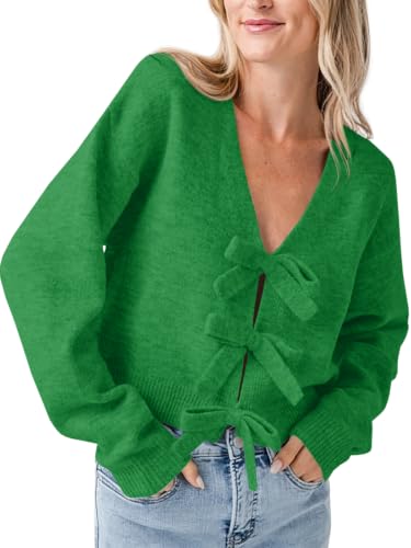 Image of Saodimallsu Womens Bow Sweater Cropped V Neck Long Sleeve Pullover Tops