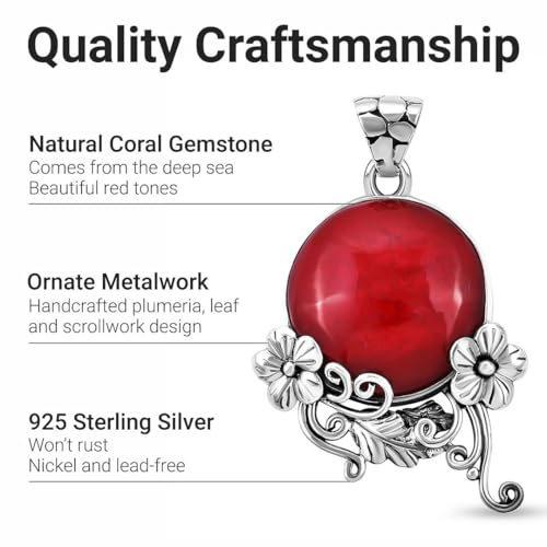 Red Coral Pendant in 925 Sterling Silver - Handmade Bali Coral Cabochon Pendant for Necklace - Natural Gemstone Birthstone Costume Jewelry for Women Birthday Gifts for Womens3