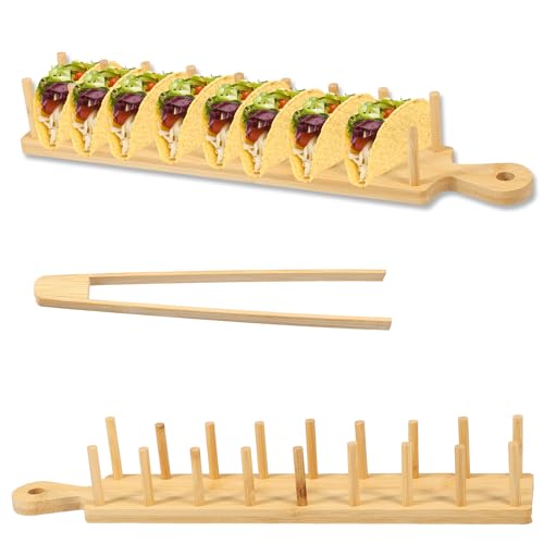 ? Bamboo Taco Holder Stand, Taco Tray with Tong Rectangular Taco Holder Holds Up to 8 Tacos, Large Taco Holder Stand Multipurpose Taco Rack for Home Kitchen