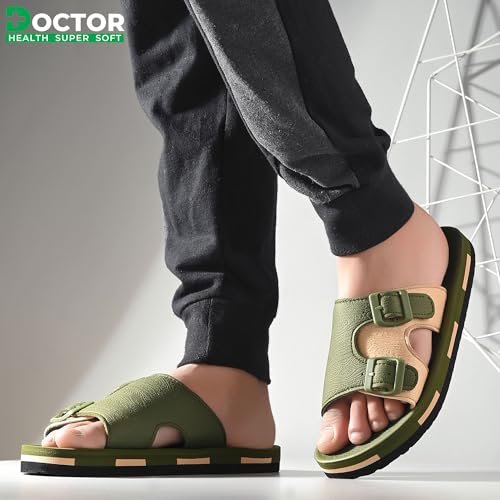 Image of DOCTOR HEALTH SUPER SOFT Men Comfortable Double Strap Slippers with Adjustable Buckles, Cushioned Footbed and Anti Slip Sole, Casual Everyday Wear Sliders for Indoor and Outdoor Use