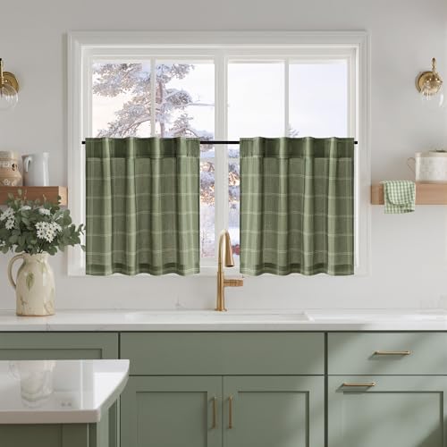 NICETOWN Moss Green Linen Plaid Cafe Curtains 24 Inches Long for Kitchen