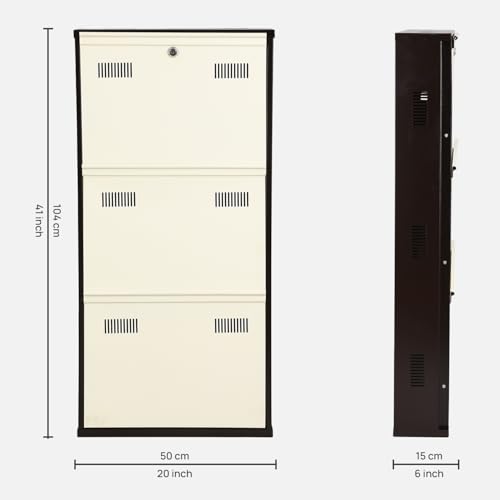 Image of Metal Shoe Rack Wall Mounted for Home with Central Locking 3 Door 20 inch Wall Mounted Metal 6 Pair Rack Cabinet Pre-Assembled Shoe Rack Shelves | 3 Year Warranty (Brown & Ivory)