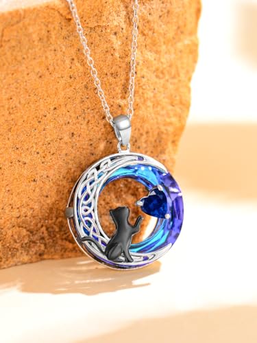 TOUPOP Cat Gifts for Cats Lovers Sterling Silver Black Cat Necklace Celtic Moon Birthstone Jewelry for Women Christmas Birthday Gifts for Her3