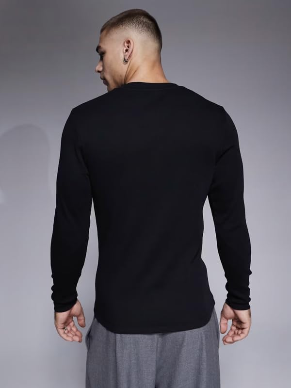 Image of FUGAZEE Black Ribbed Henley Long Sleeve T-Shirt for Men | Muscle Fit Ribbed Knit Tee with Crew Neck & Button Placket | Stretch Fabric Longsleeve Top | Structured Rib Texture
