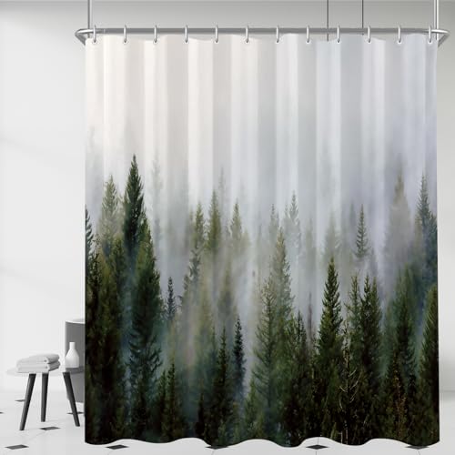 Lerores Duschvorhang 180x200 cm Nebel Wald, Beschwerter Saum Antischimmel...