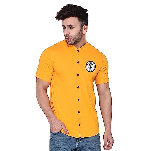 Image of Geum Men's Mandarin Collar Shirt with Graphic Print| Short Sleeve Cotton Blend Slim Fit Casual Shirt for Men