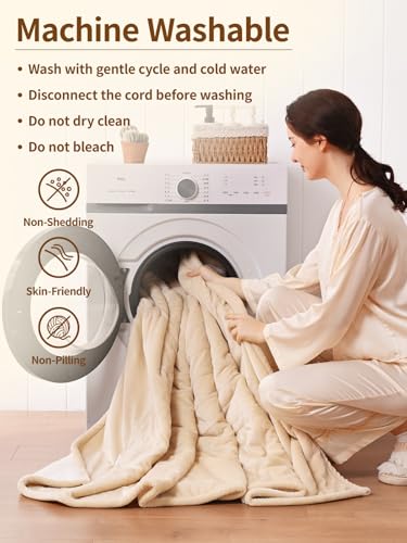 Image of Bearhug Electric Blanket King Size with Dual Controls, 10 Heat Levels & 1-12H Auto Shut-Off, Fast Heating Soft Velvet to Sherpa Heated Blanket for Couples, Machine Washable, Beige