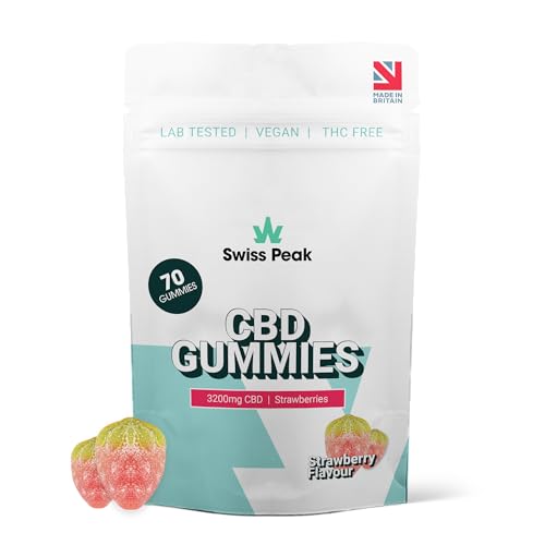 Swiss Peak High-Strength 3200mg CBD Strawberry Flavoured Gummies 70 Gummies Per Tub Non-GMO All Natural & No THC Vegan Gluten-Free | UK-Made