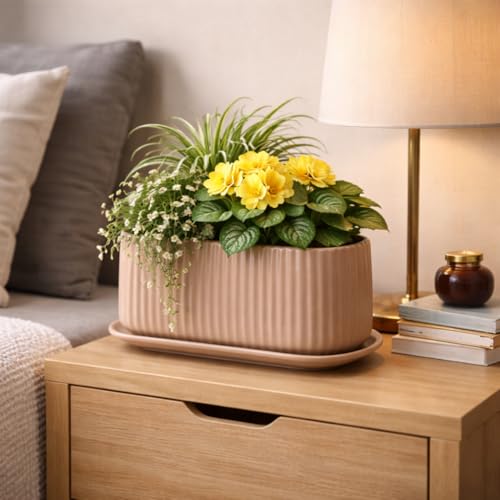 Image of Xtore Ceramic Ribbed Planter with Tray | Matte Finish | for Home & Office Decor - (Pack of 1, Pastel Brown, Planter ONLY)