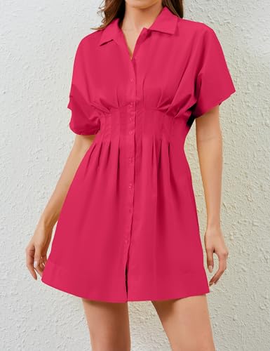 Image of Women Summer Short Sleeve Button Front Pleated Shirt Dress Striped Collar V Neck Casual Y2k Swing Short Mini Dress