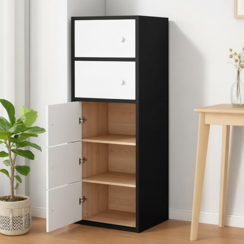 Image of EXVITO Engineered Wood Wardrobe for Bedroom | Foldable 5-Shelf Wooden Storage Cabinet | Cupboard Almirah for Clothes | Collapsible Wardrobe | Space Saving Wooden Cabinet - Black