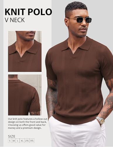 Image of COOFANDY Mens Knit Polo Shirts V Neck Textured Polo Shirts Short Sleeve Breathable Polo Casual Collared T Shirt Fashion Tops