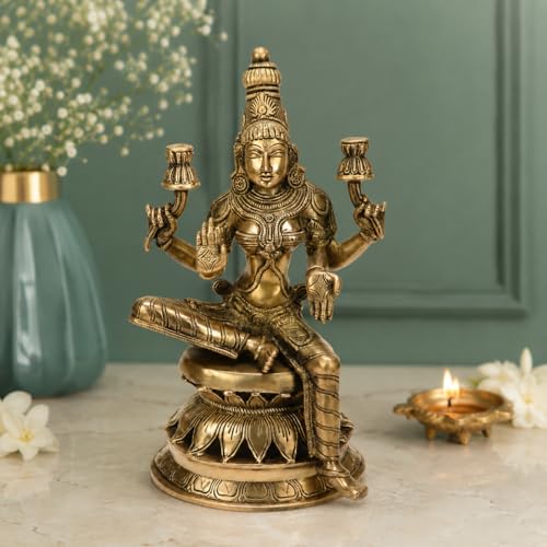 Image of Kartique Brass Lakshmi Idol on Lotus, 12 Inch for Home Temple | Handmade