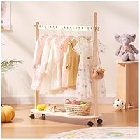 Kids Clothes Rail on Wheels, Childrens Clothes Rack with Storage Shelf, Wooden Fancy Dress Wardrobe for Bedroom, Small Kids Dress Up Rail for Coat, Skirts (S)